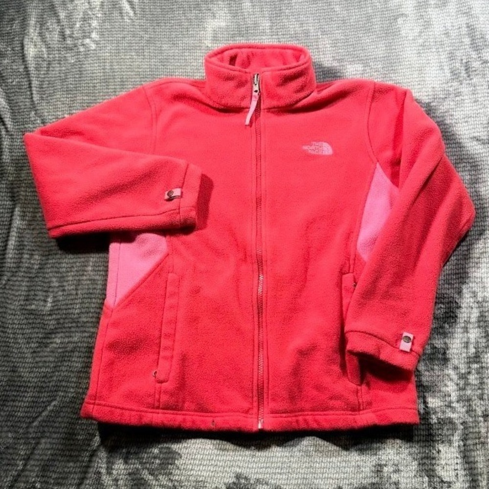 The North Face Girls Full Zip Fleece Jacket Pink Coral Embroidered‎ Logo Size L